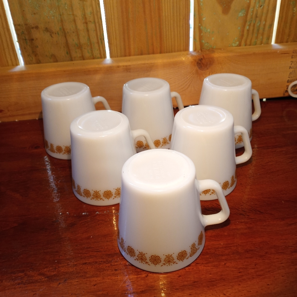 Vintage Pyrex Number 1410 White and Gold Butterfly Floral Mugs Set